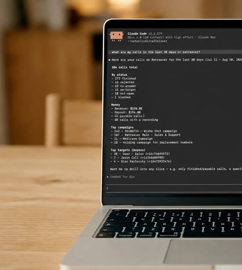 A laptop showing an assistant summarizing 30 days of Retreaver calls