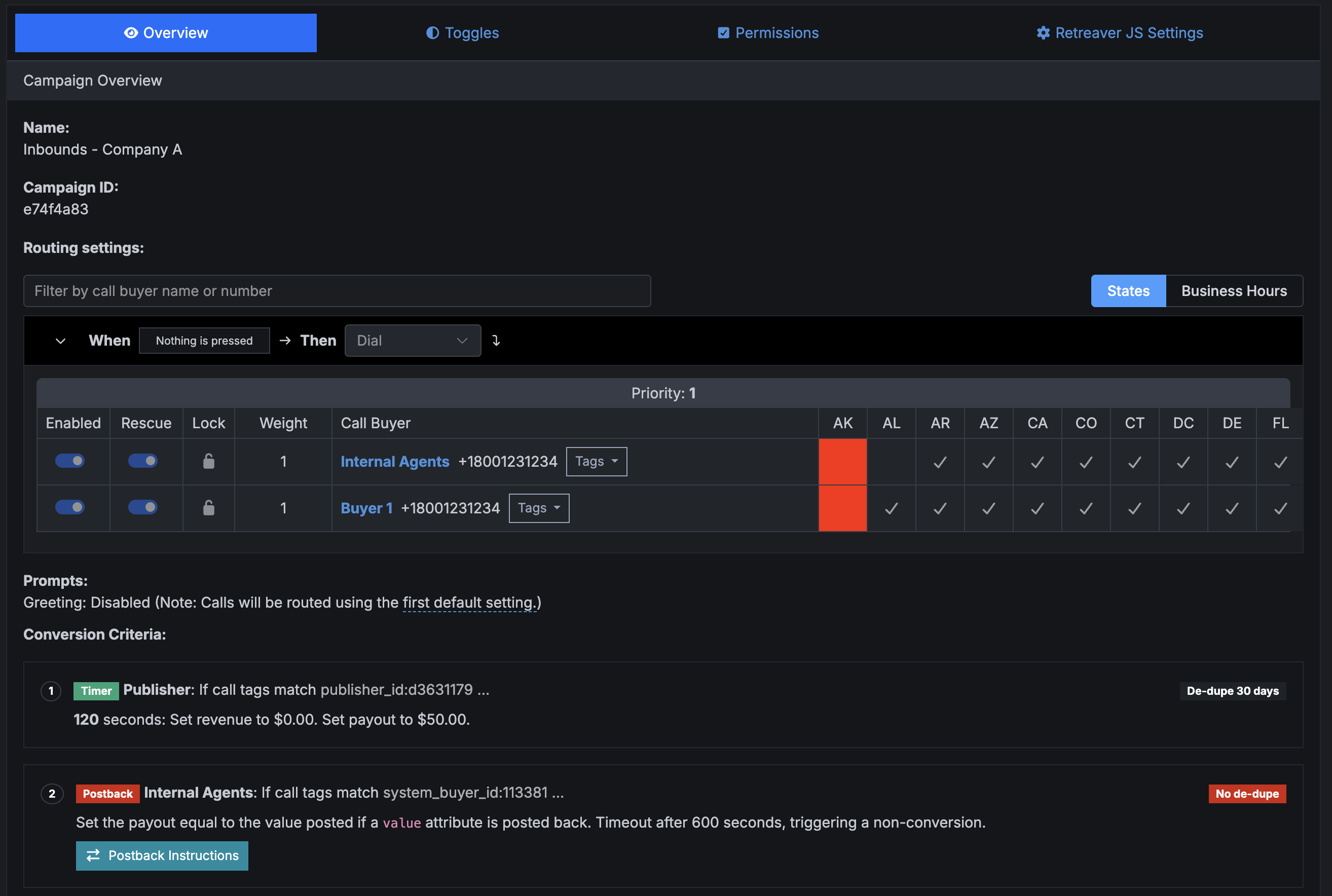 Campaigns contain IVR prompts, routing settings, conversion criteria and webhook workflows